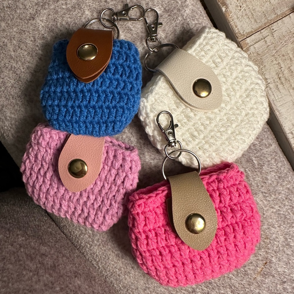 Crochet Keychain Pouches in Blue, White, Pink, and Fuchsia